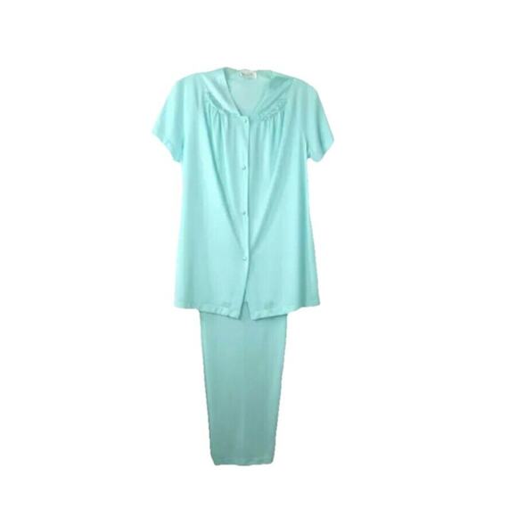 1970s Vanity Faire Azure‎ Mist Blue Medium Short Sleeve Top Pants Pajama Set NWT - Picture 1 of 10